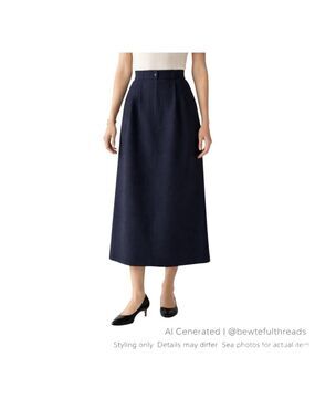 Navy Wool Midi Skirt High Waist Pleated Minimalist XS 2–4